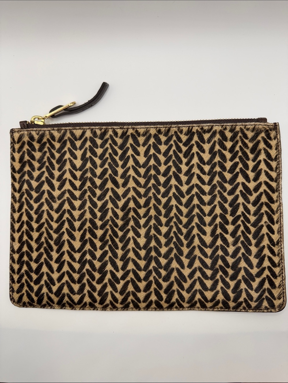 NWOT Massimo‎ Dutti Brown Cow Leather Hair Chevron Tan Design Clutch Bag